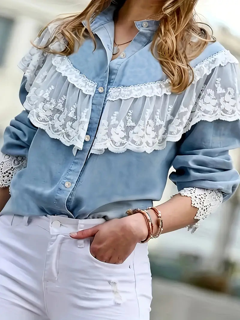 Lucy - Top in denim da donna con finiture in pizzo