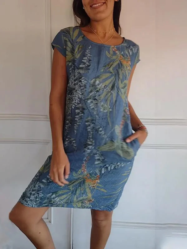 Vanessa - Abito girocollo in cotone e lino stampato per donna