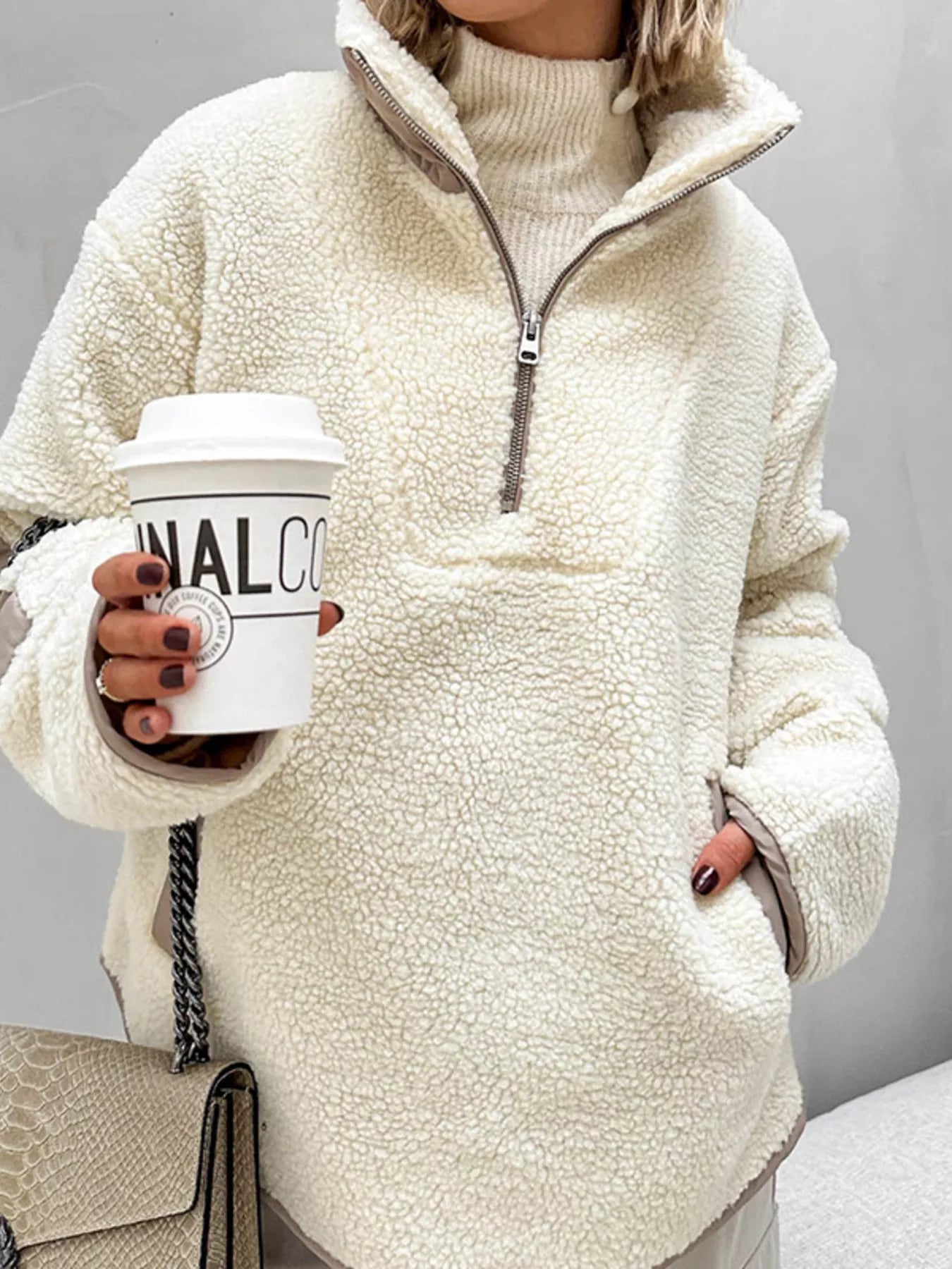 Celeste - Giacca calda in pile con mezza zip, stile ampio ed elegante