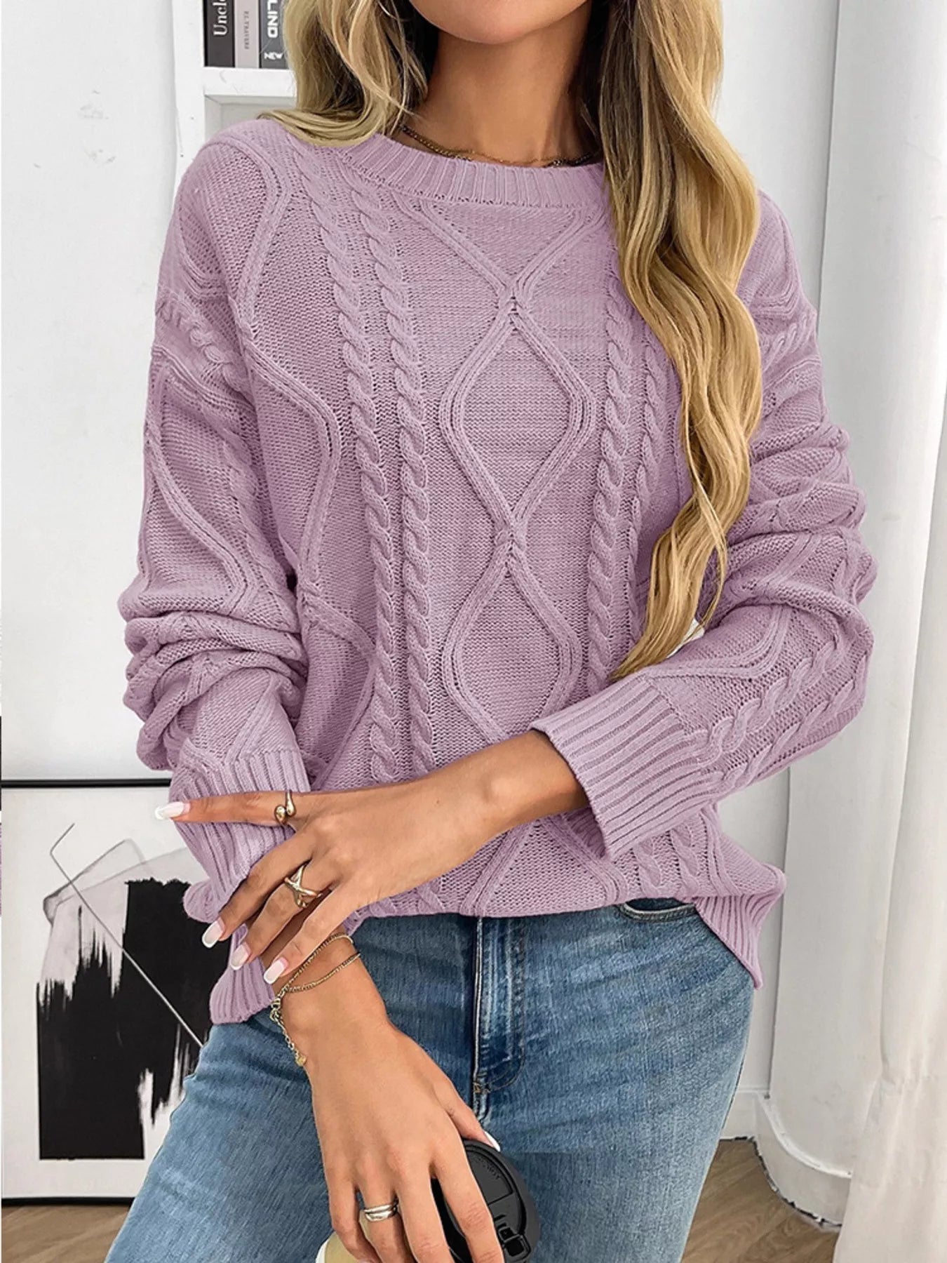 Weslynn - Maglione caldo a girocollo con lavorazione a trecce