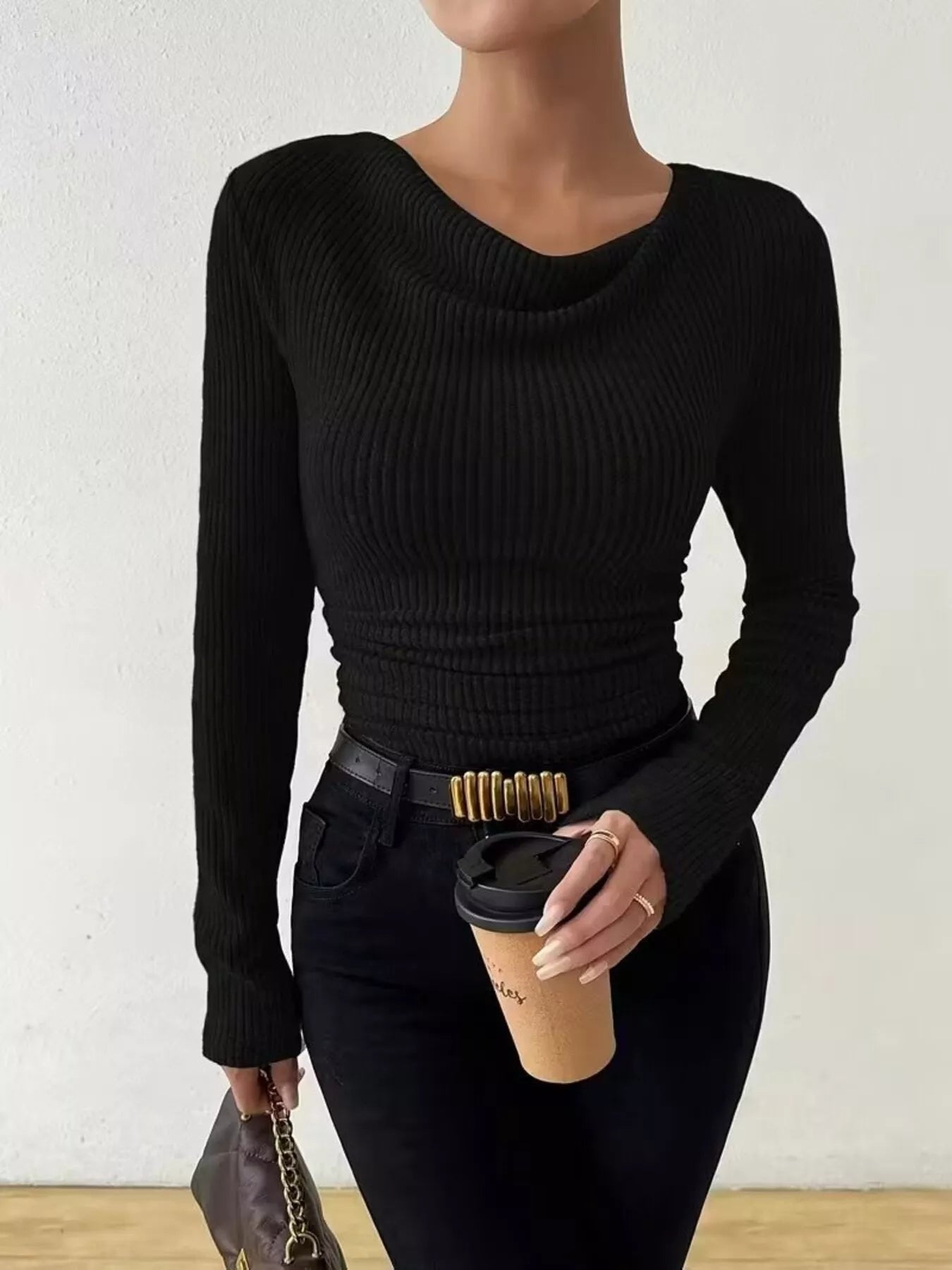 Ileana - Felpa in maglia a coste con collo a cappuccio (cowl neck)