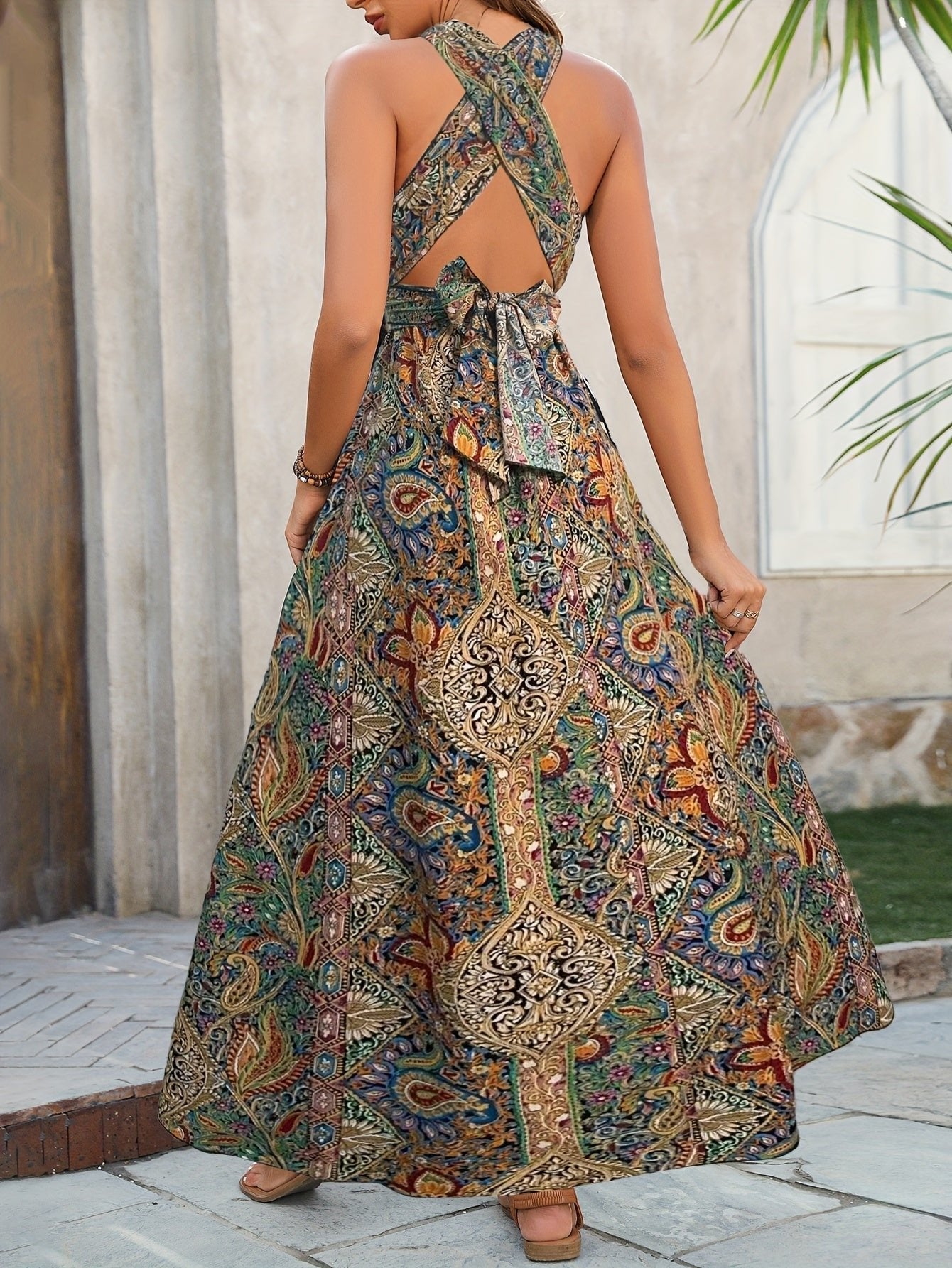 Abito Maxi Boho con Stampa Paisley da Donna