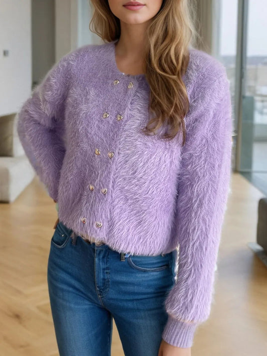 Zilena - Cardigan caldo elegante con bottoni a cuore e scollo tondo