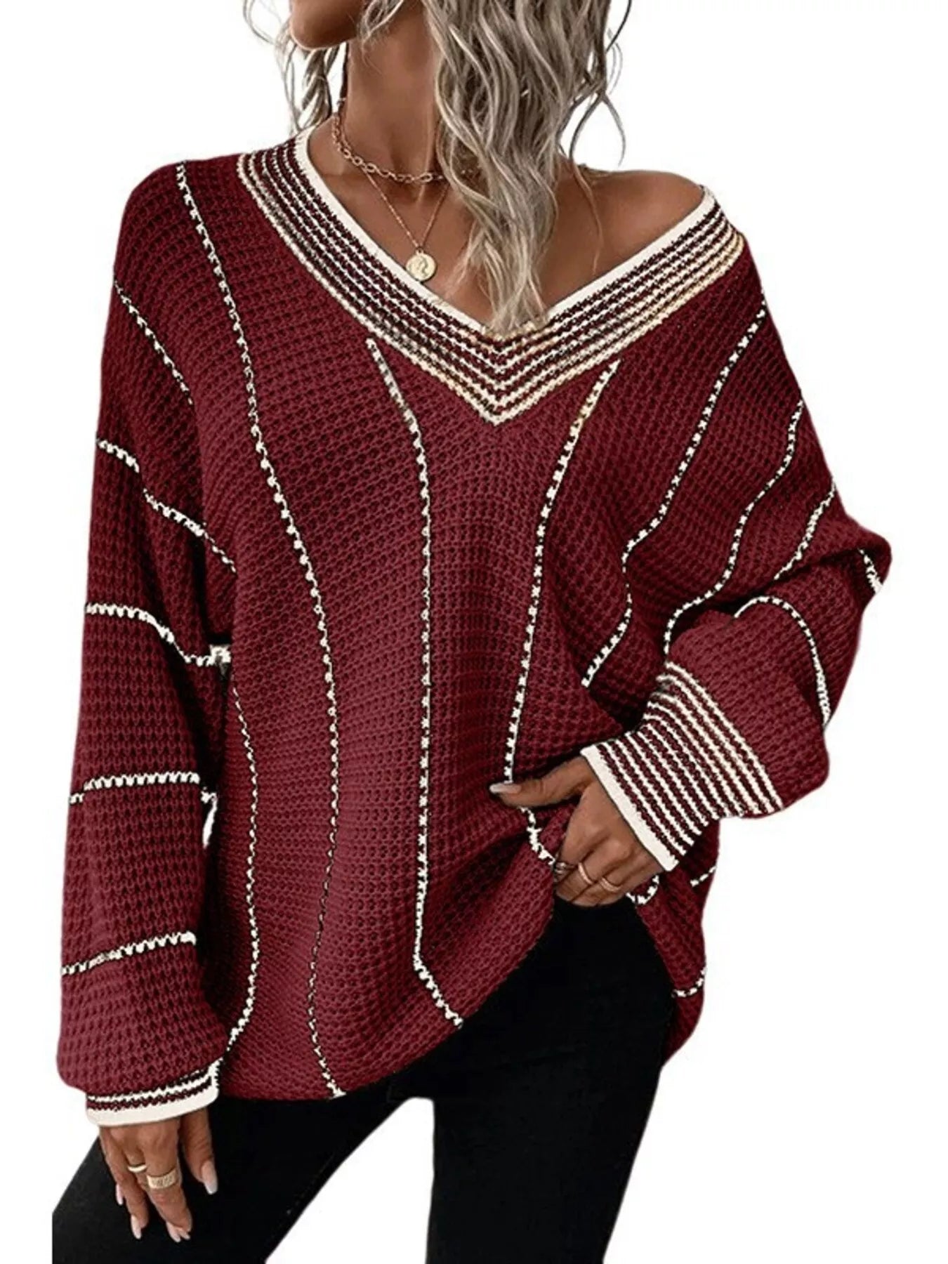 Yazira - Maglione Casual Scollato a V in Maglia Testurizzata