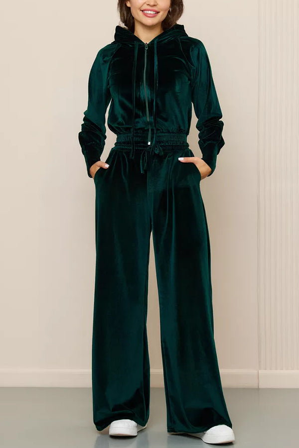 Daleyza - Set elegante in velluto con giacca corta con zip e pantaloni a gamba dritta