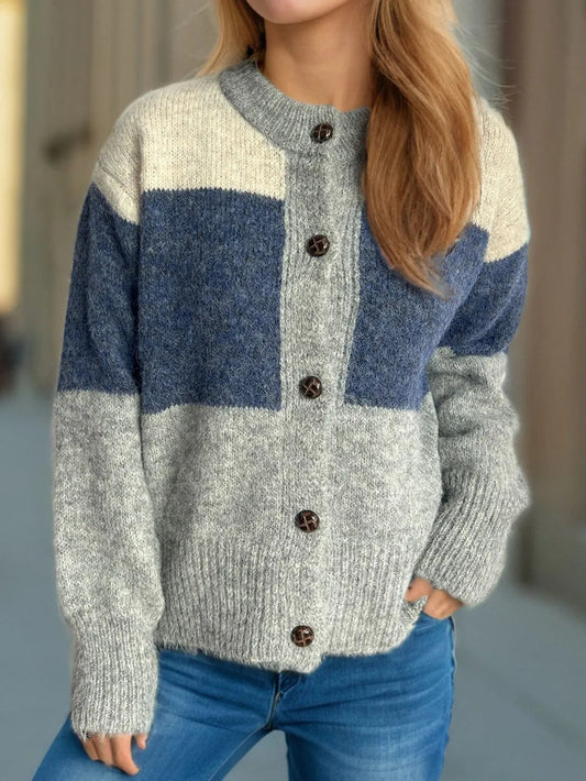 Ysabella - Cardigan casual color block caldo con scollo rotondo e bottoni