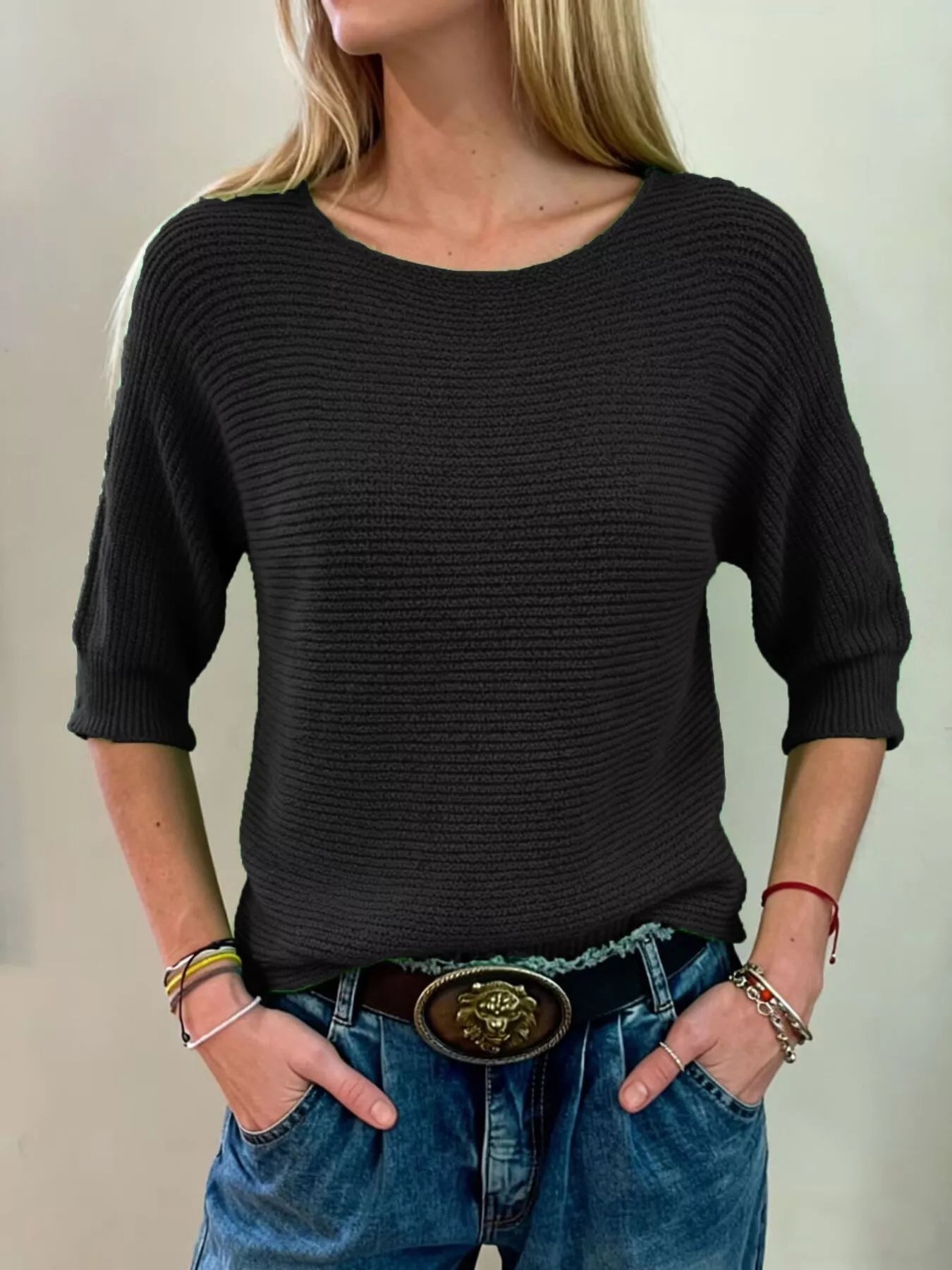 Elisheva - Maglione in maglia a coste girocollo a mezza manica