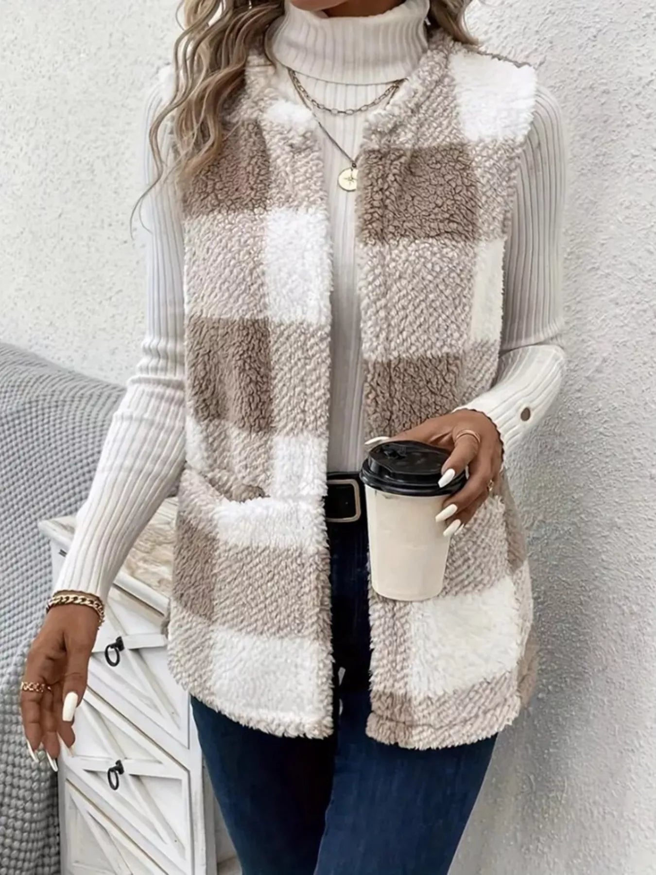 Tinsley - Gilet cappotto in pile scozzese, caldo e accogliente