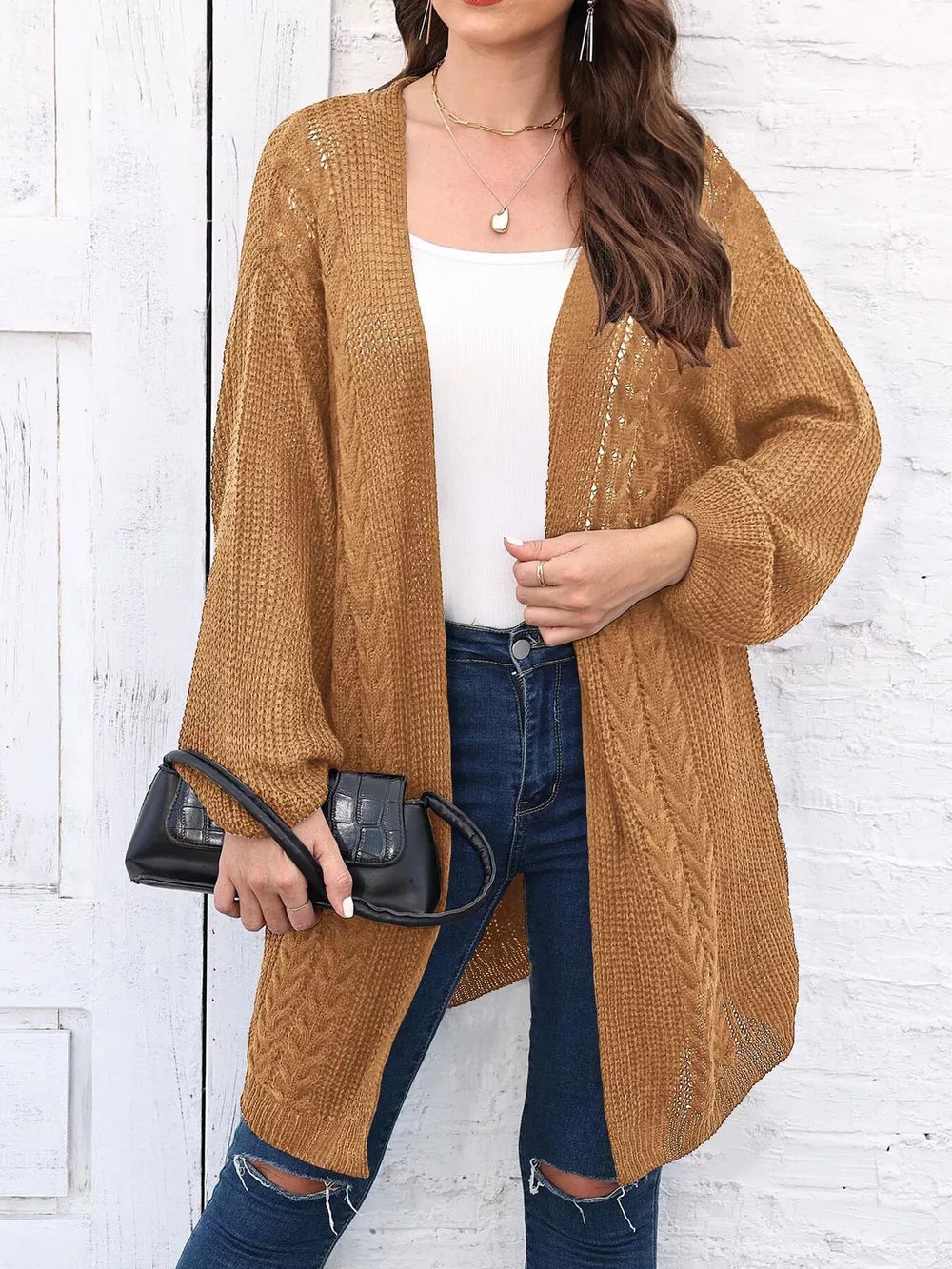 Suzette - Cardigan lungo casual a maniche lunghe con apertura frontale