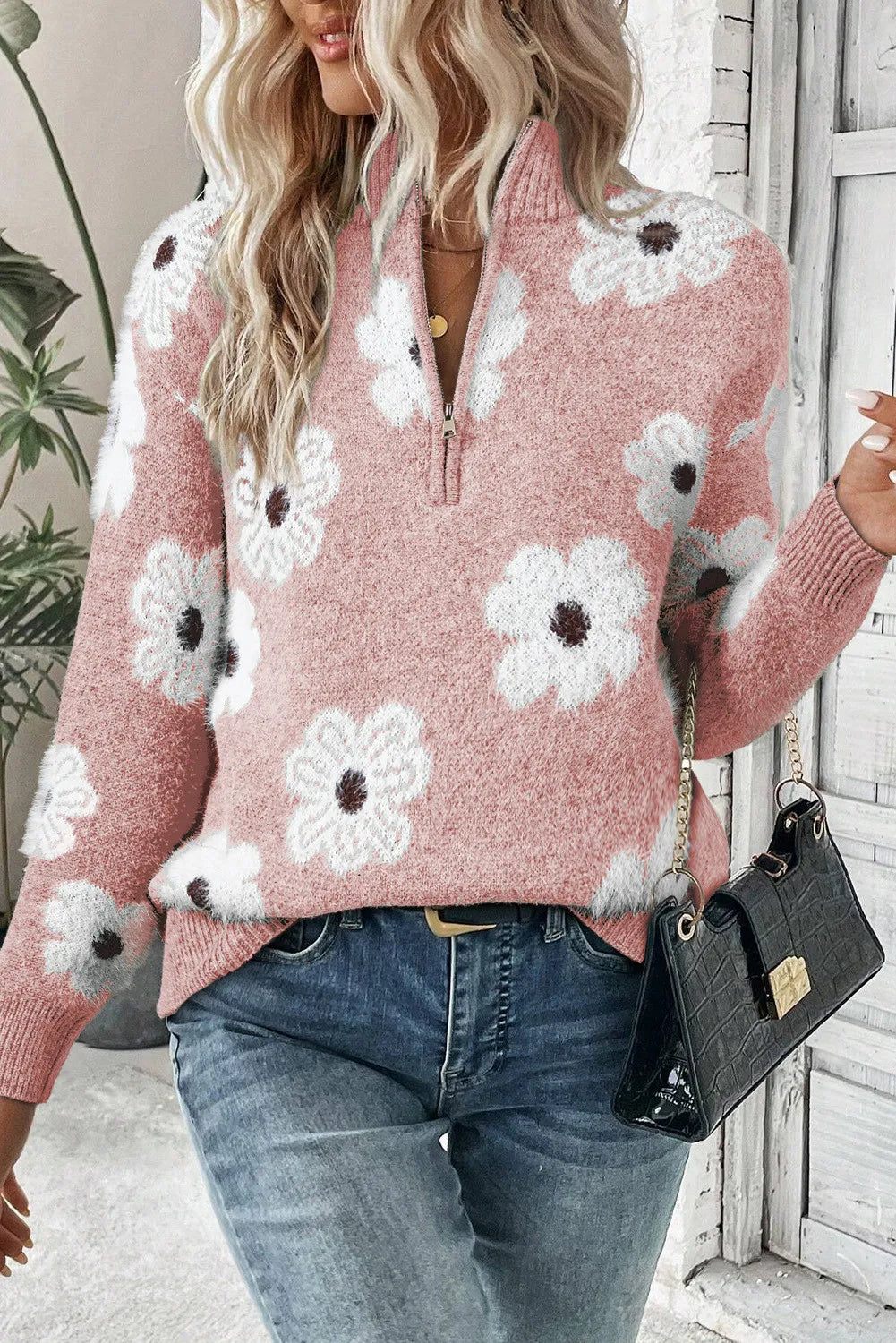 Sachzna - Maglione elegante con zip e motivo floreale