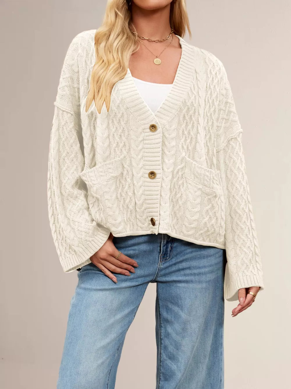 Zenitha - Cardigan ampio elegante in maglia a trecce con bottoni