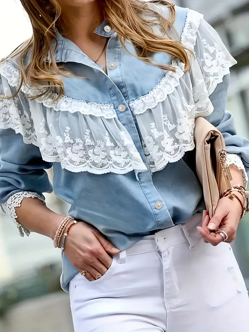 Lucy - Top in denim da donna con finiture in pizzo