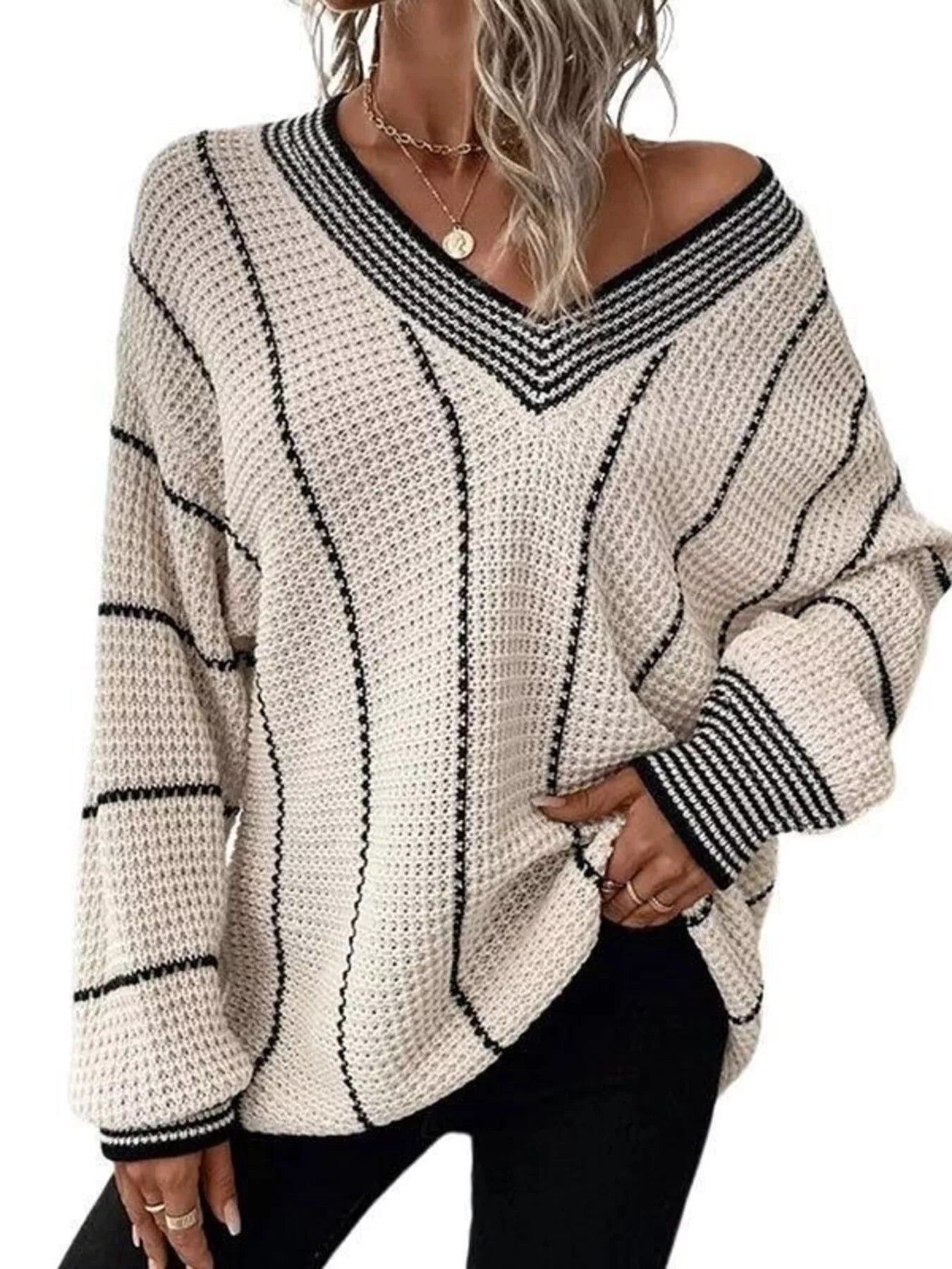 Yazira - Maglione Casual Scollato a V in Maglia Testurizzata