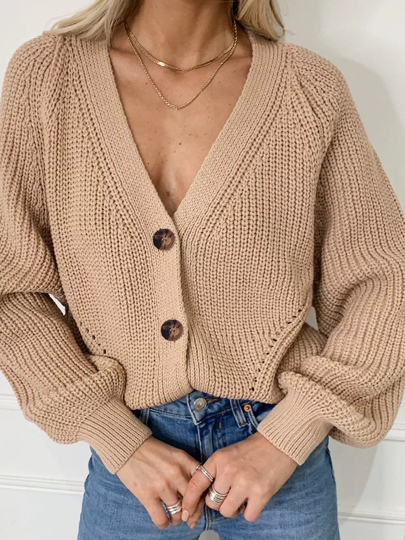 Lizbeth - Cardigan caldo in maglia con bottoni e scollo a V