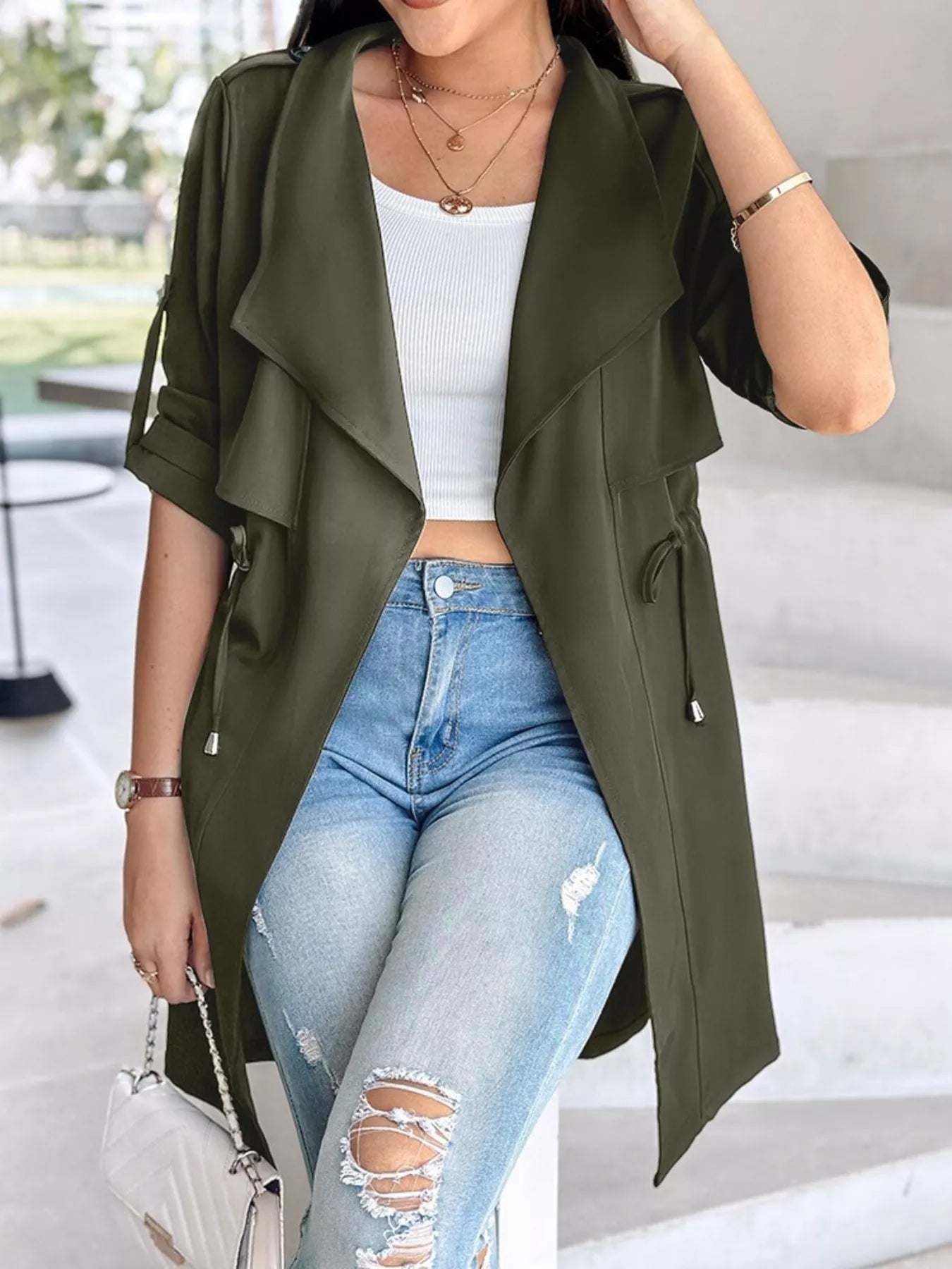 Vica - Elegante trench con colletto drappeggiato versatile