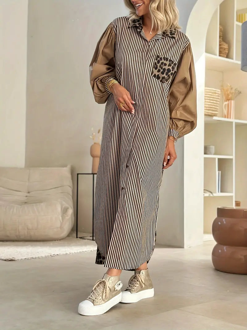 Estelle - Elegante abito lungo a righe e stampa leopardata