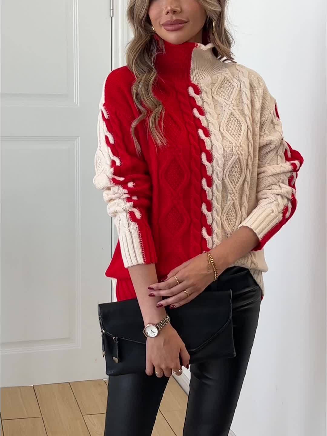 Nevaeh - Maglione caldo a collo alto in maglia a trecce elegante