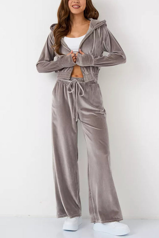 Daleyza - Set elegante in velluto con giacca corta con zip e pantaloni a gamba dritta