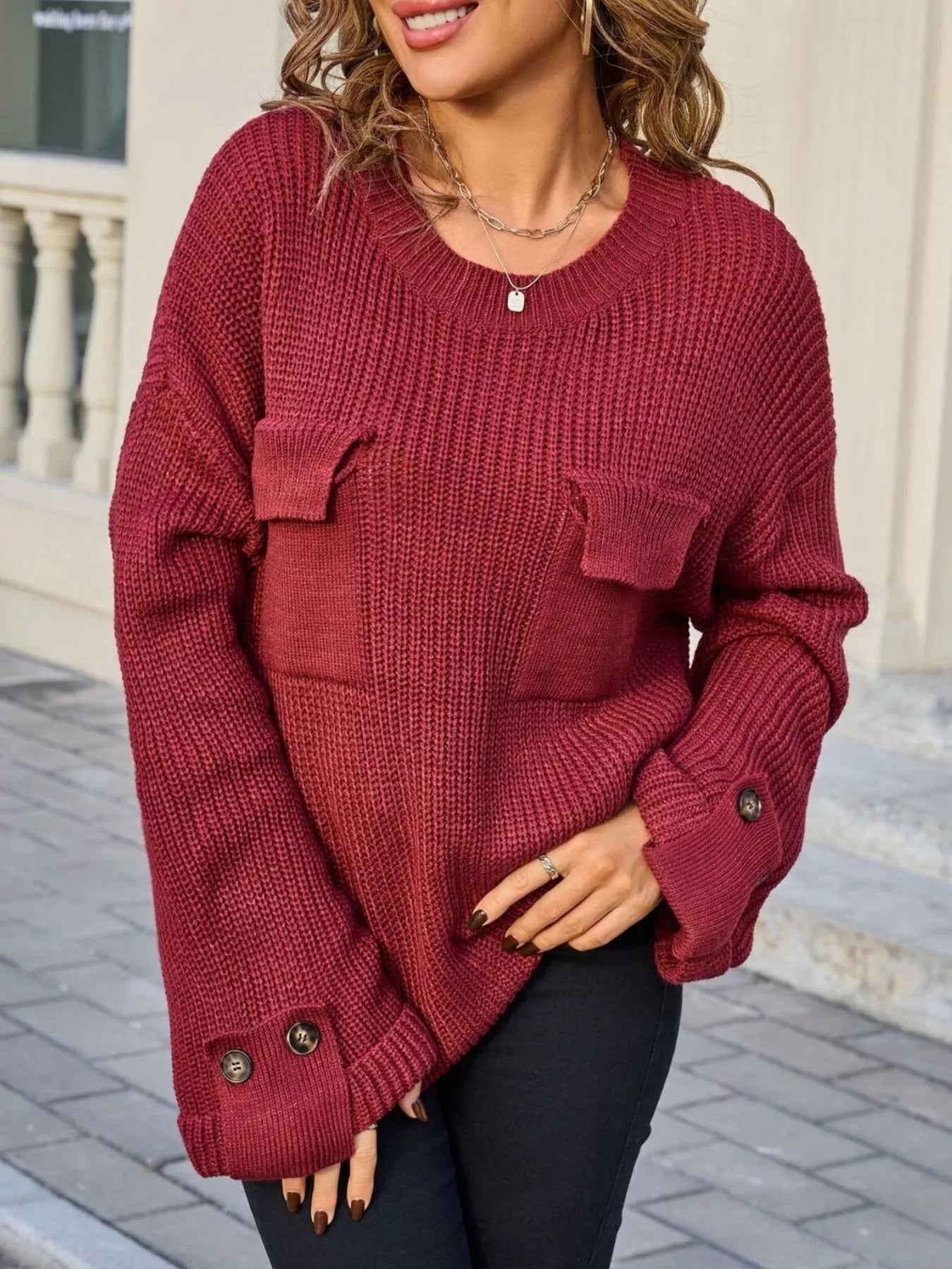 Jozie - Maglione ampio con scollo rotondo e tasche
