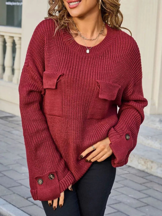 Sylviana - Maglione ampio in maglia con scollo rotondo e tasche sul petto