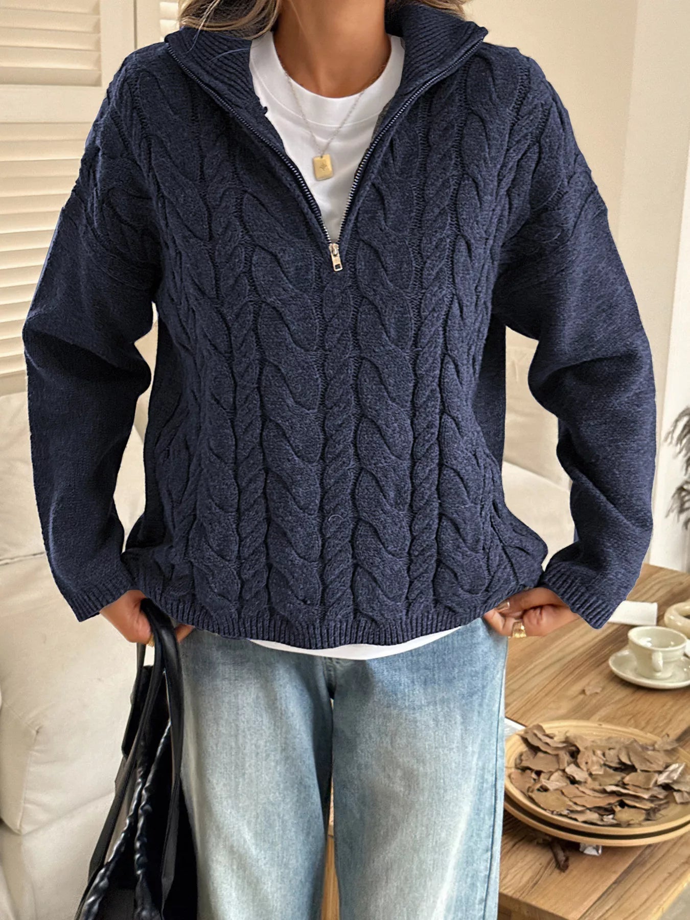 Faith - Elegante maglione caldo intrecciato con mezza zip