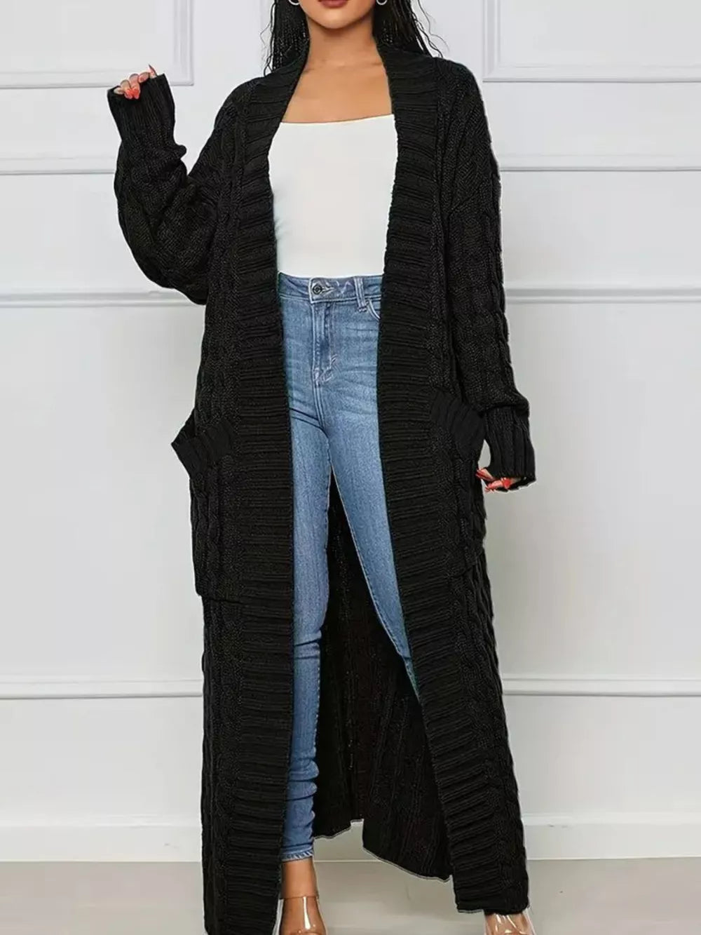 Zasha - Cardigan lungo casual in maglia a trecce con tasche