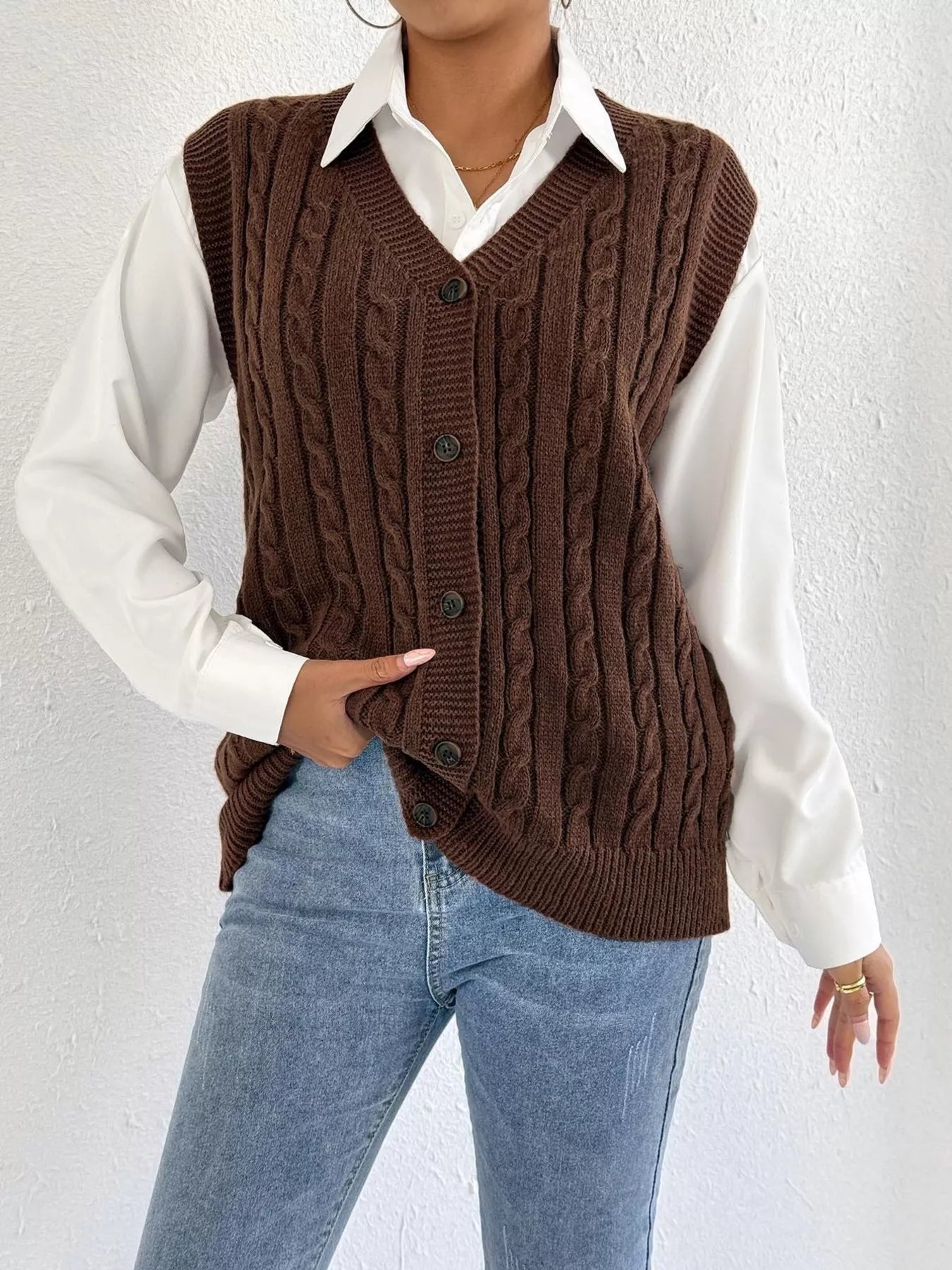 Allison - Gilet casual caldo senza maniche con scollo a V e bottoni