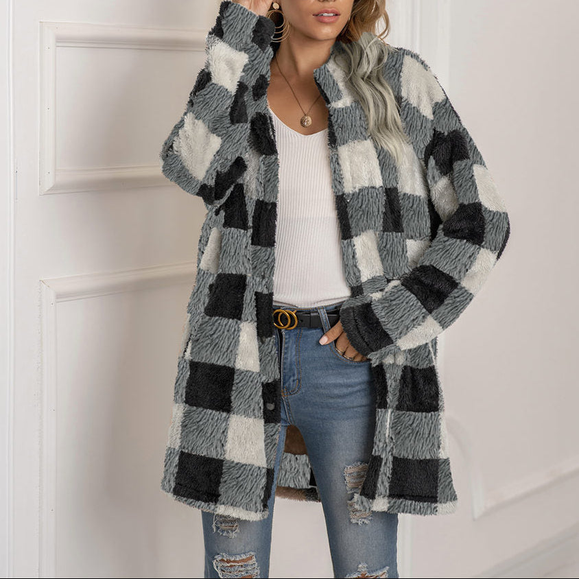 Xylia - Giacca in pile calda a quadri chic