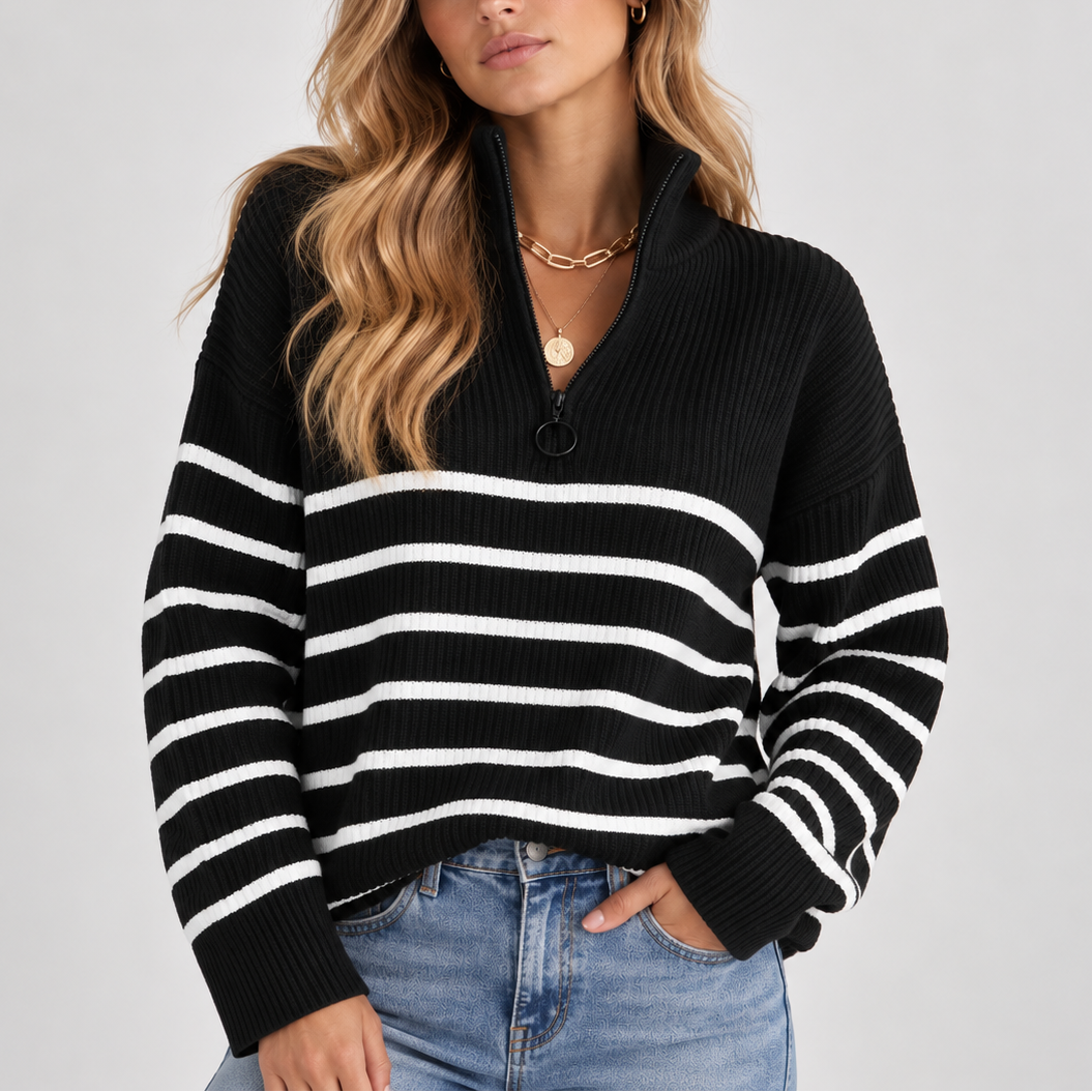 Maglione a Righe con Quarto di Zip da Donna