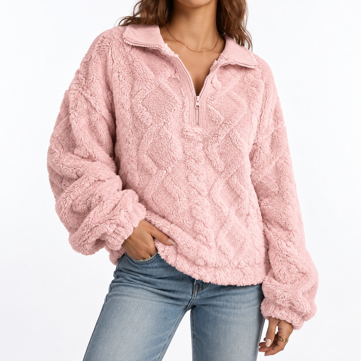 Felpa in Pile Testurizzato con Quarto di Zip da Donna