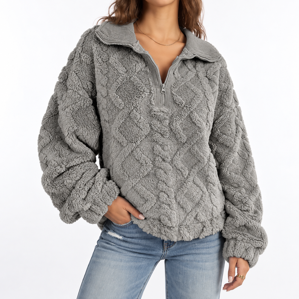 Felpa in Pile Testurizzato con Quarto di Zip da Donna