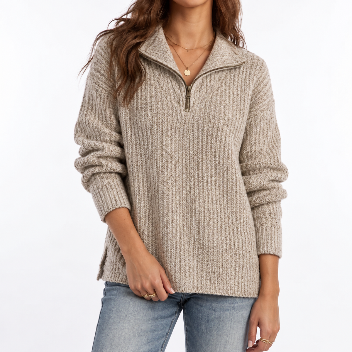 Maglione Testurizzato con Quarto di Zip da Donna