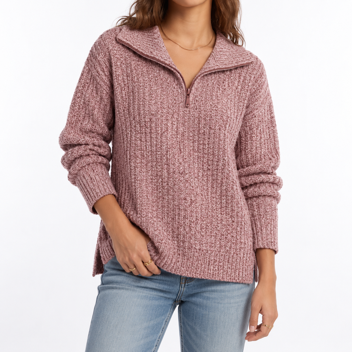 Maglione Testurizzato con Quarto di Zip da Donna
