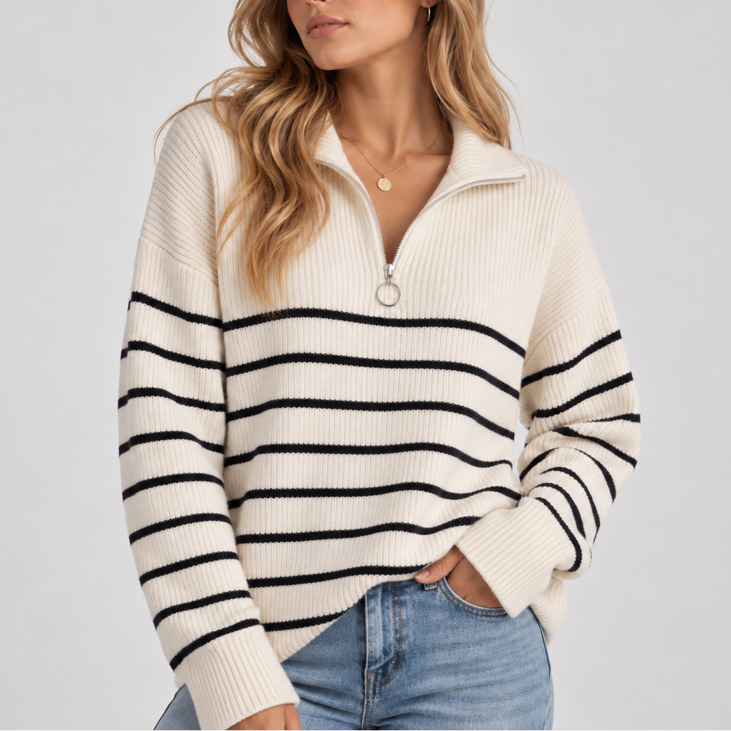 Maglione a Righe con Quarto di Zip da Donna