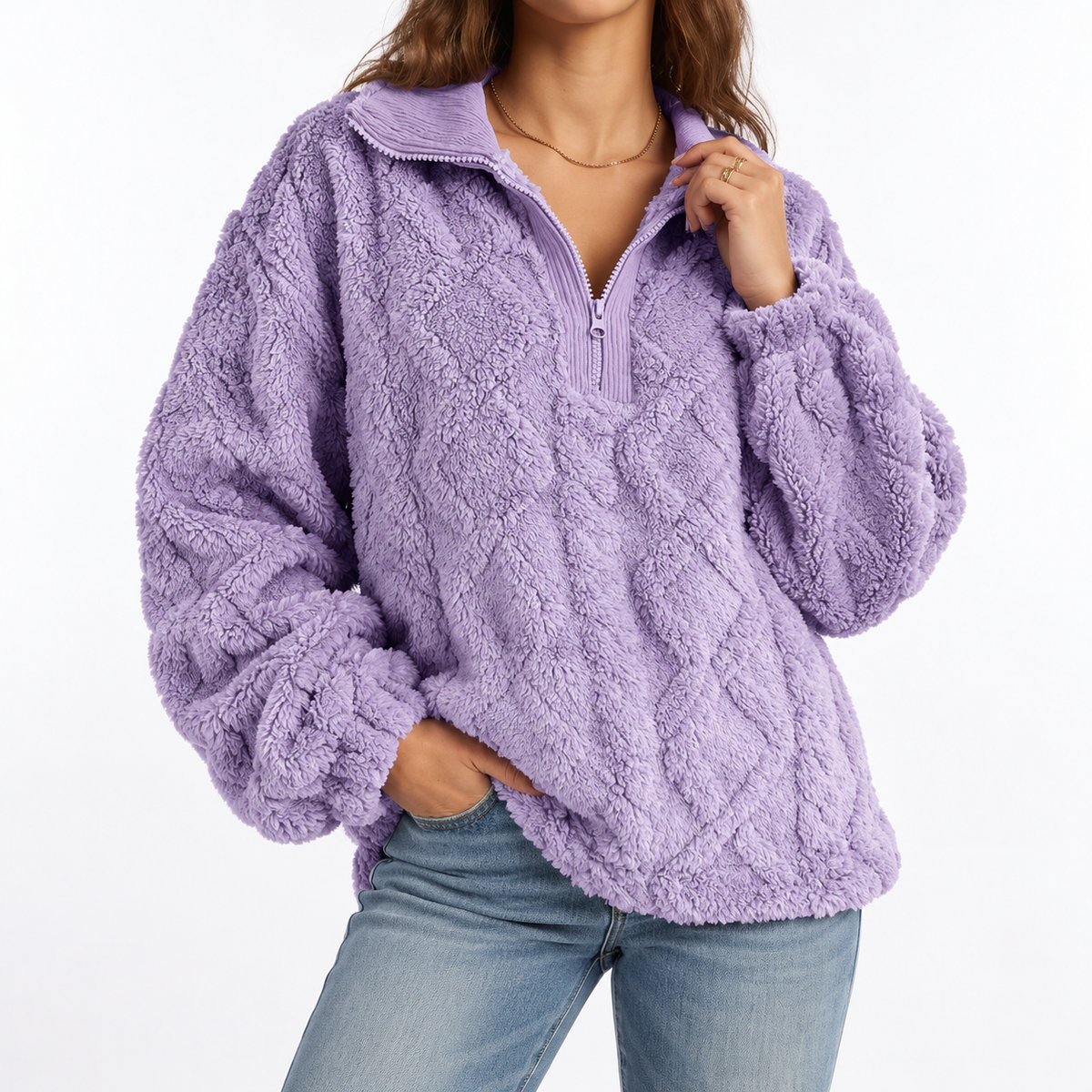 Felpa in Pile Testurizzato con Quarto di Zip da Donna