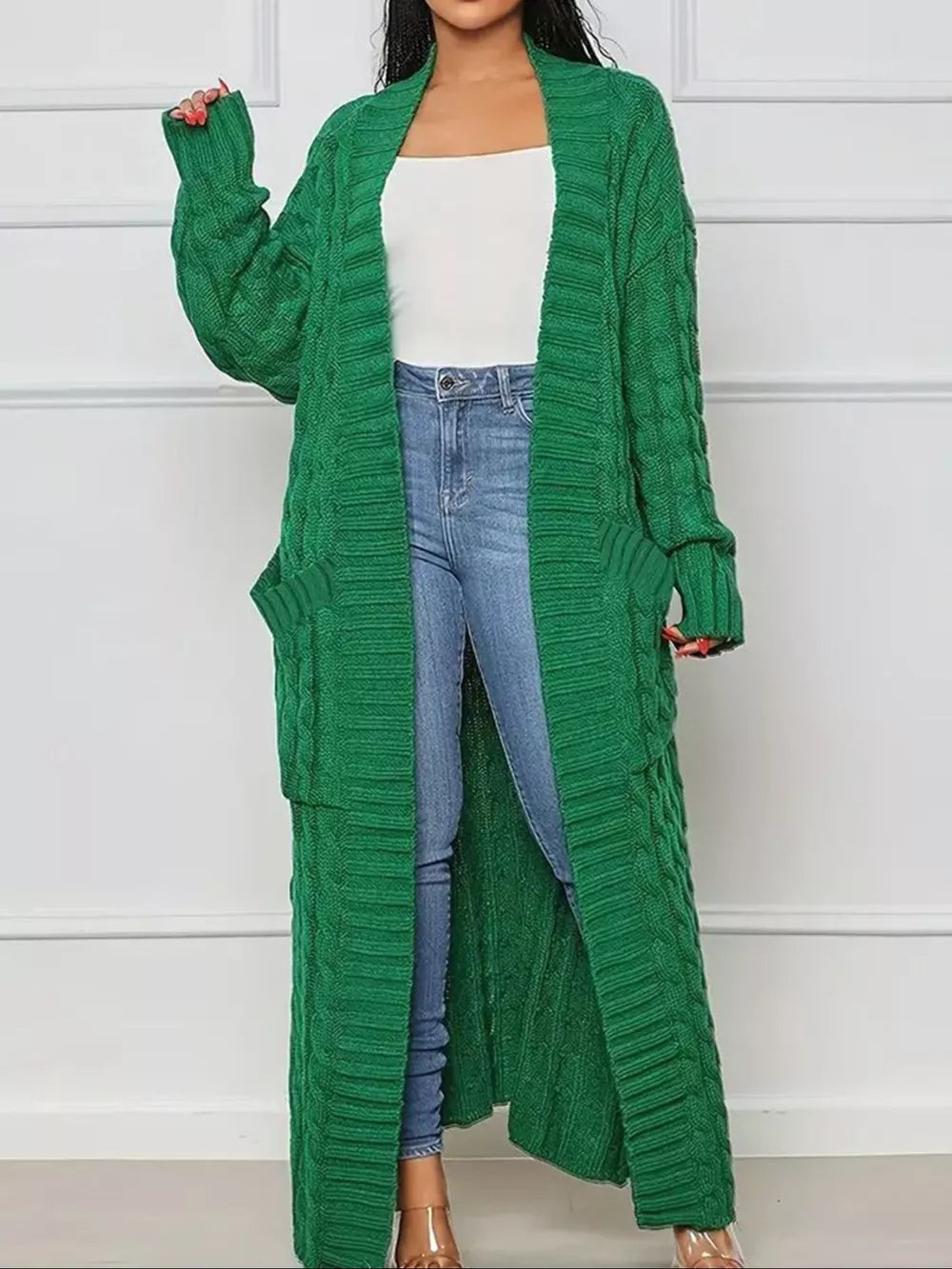 Zasha - Cardigan lungo casual in maglia a trecce con tasche