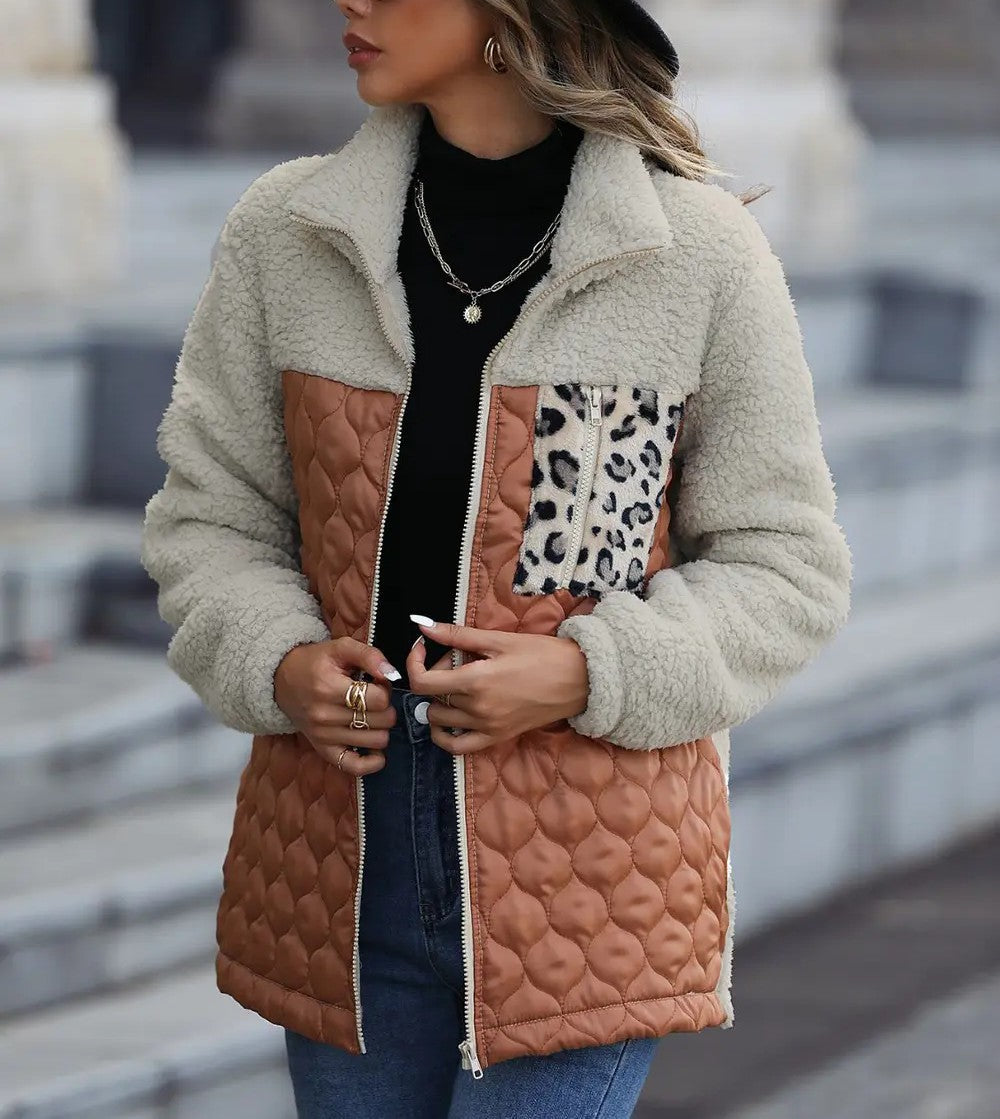Yvessa - Giacca calda leopardata color block con zip