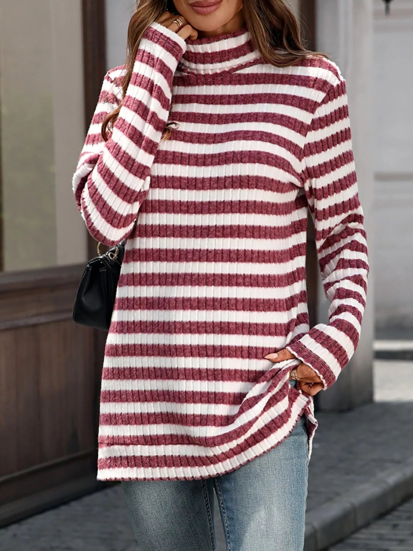 Carmelina - Elegante maglione a maniche lunghe con collo alto a righe