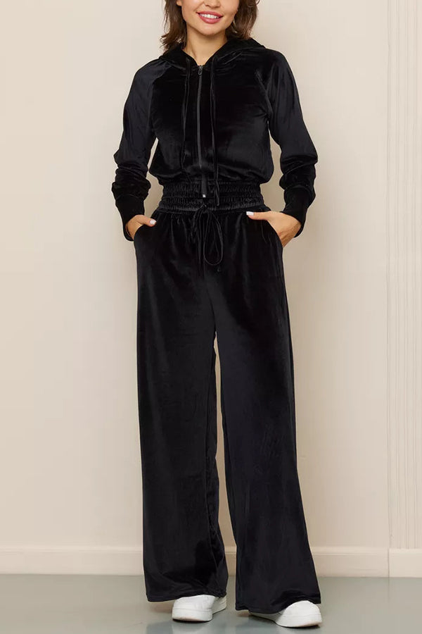Daleyza - Set elegante in velluto con giacca corta con zip e pantaloni a gamba dritta