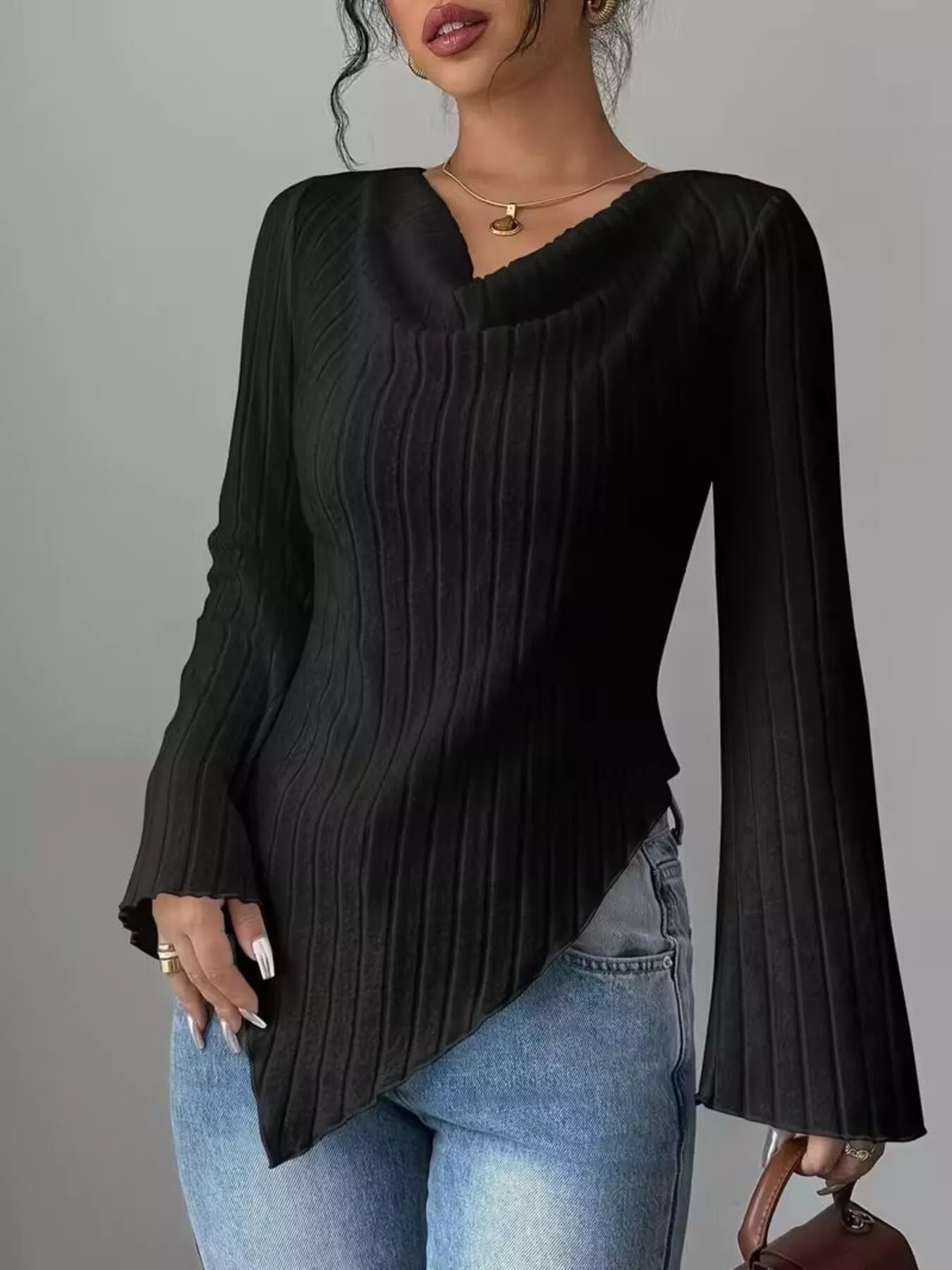 Gavina - Felpa in maglia a coste con collo morbido drappeggiato