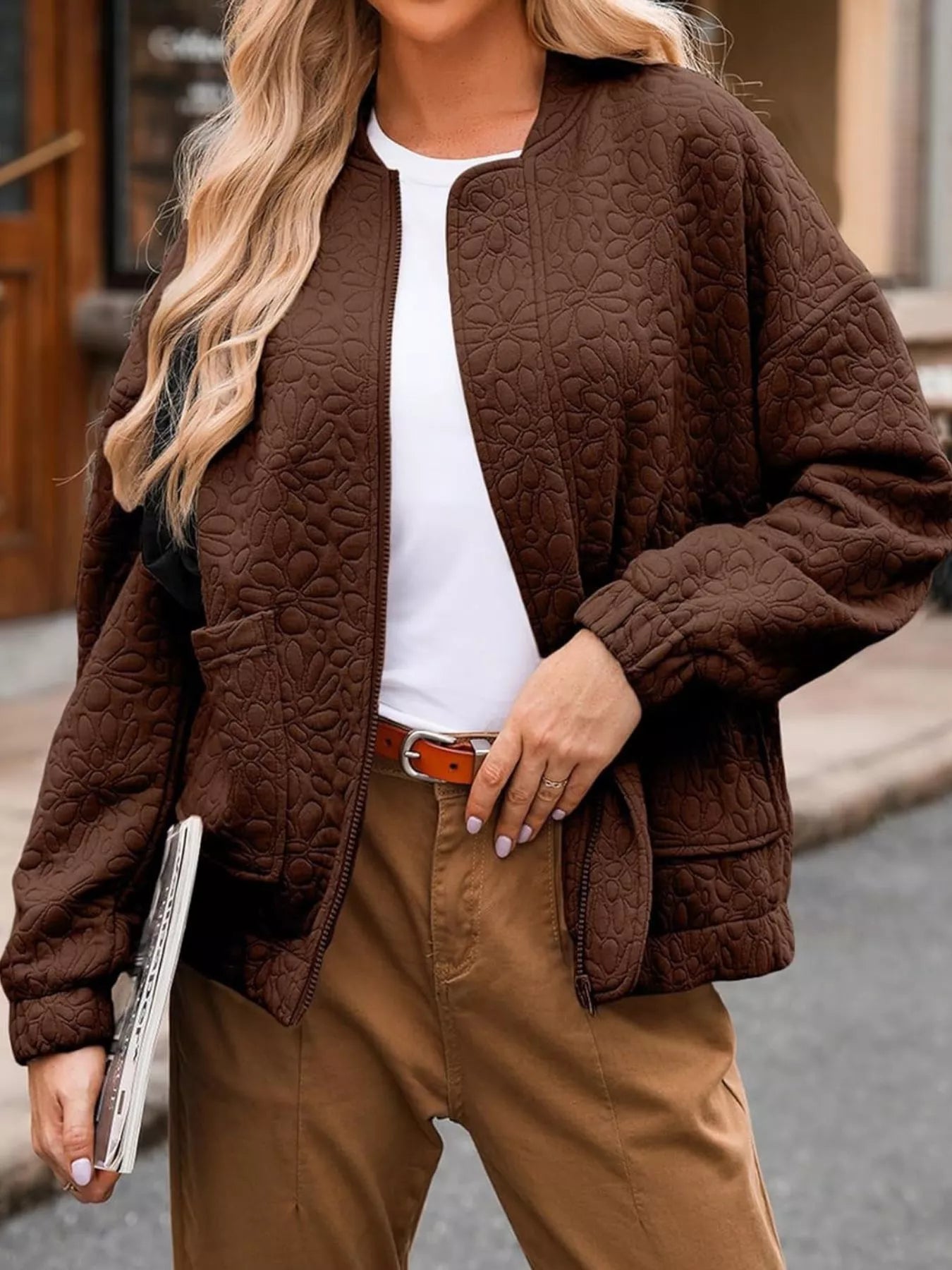 Clarene - Giacca imbottita con zip e patchwork floreale