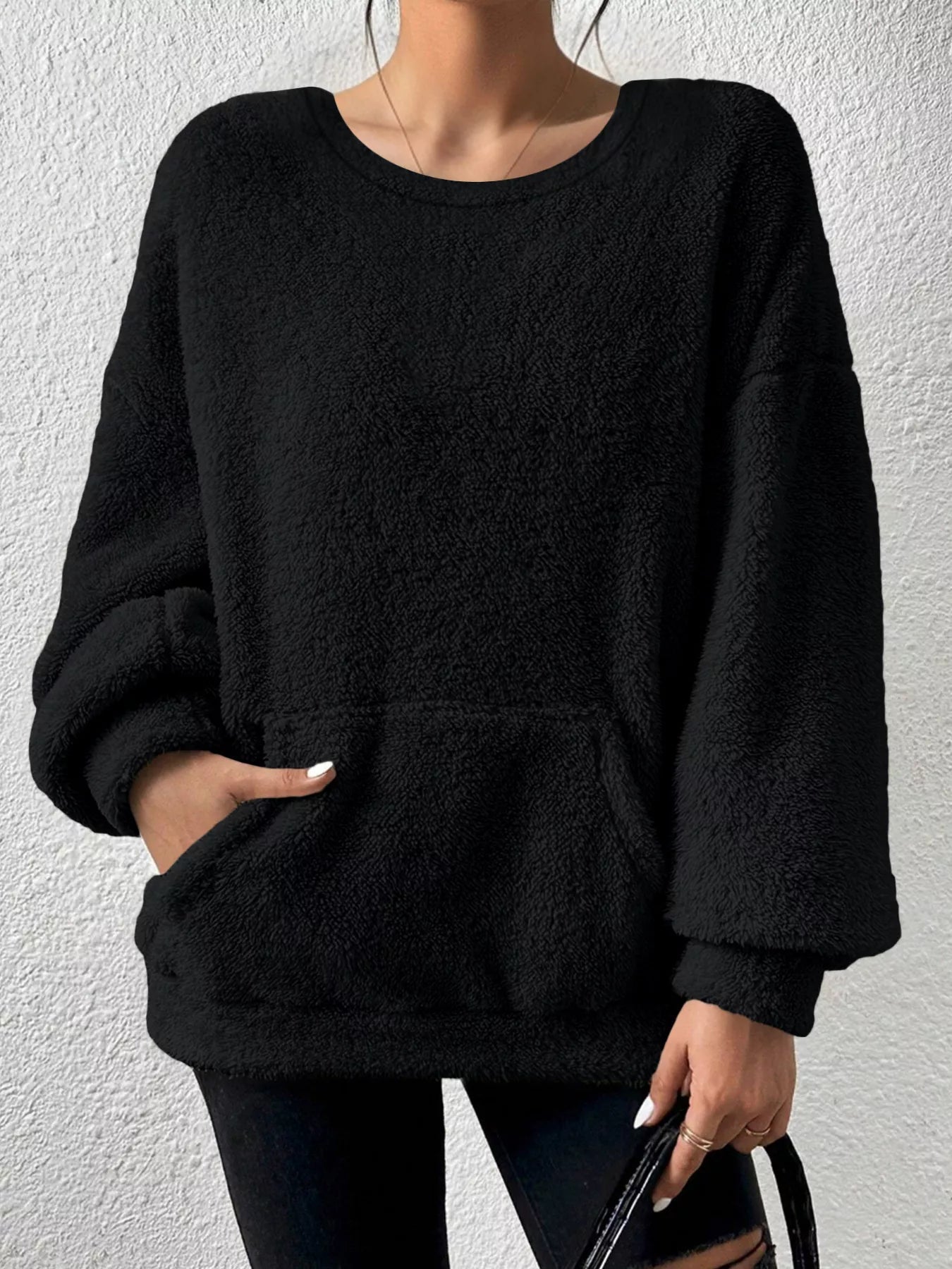 Jiana - Maglione caldo in pile con scollo rotondo e spalle scese