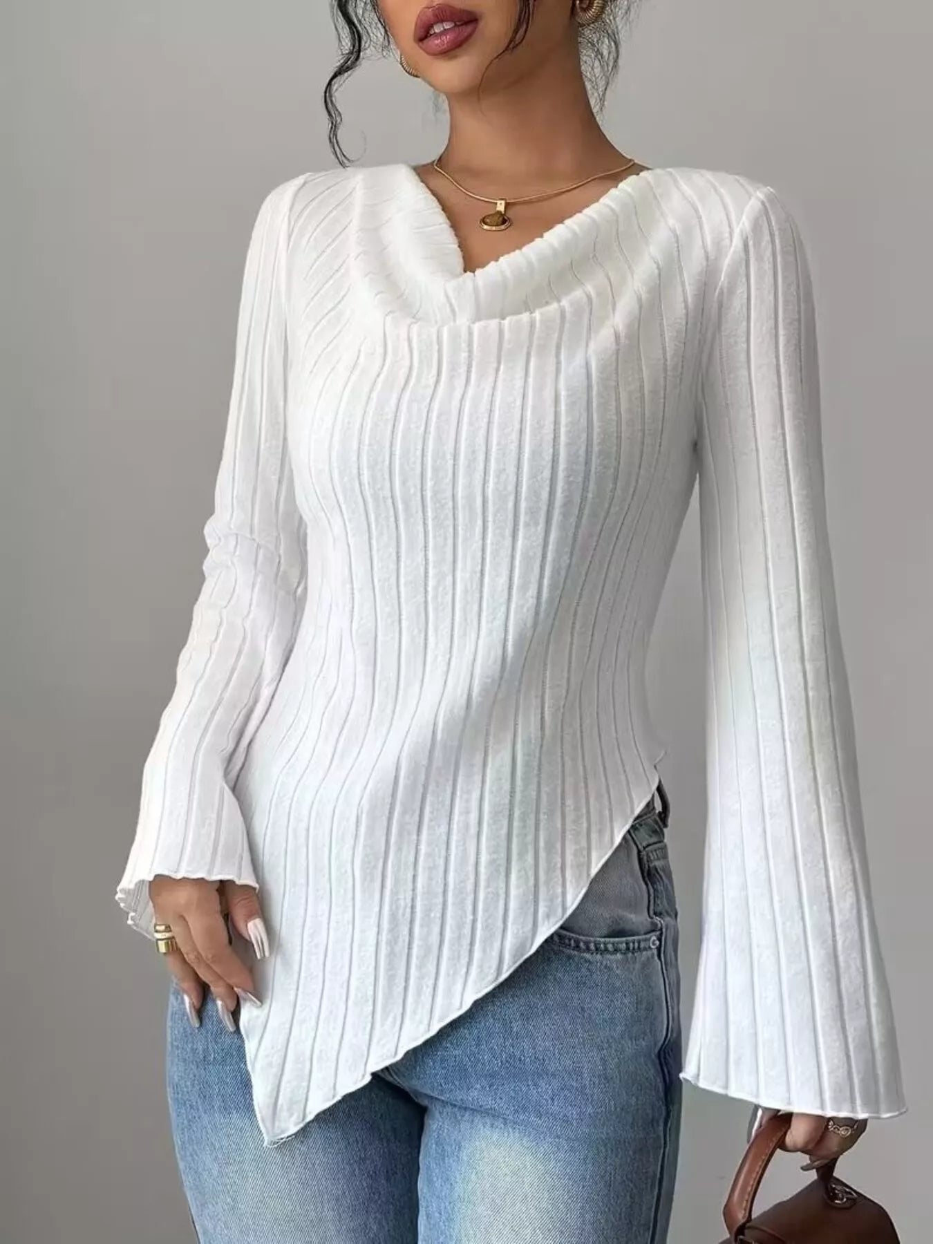 Gavina - Felpa in maglia a coste con collo morbido drappeggiato