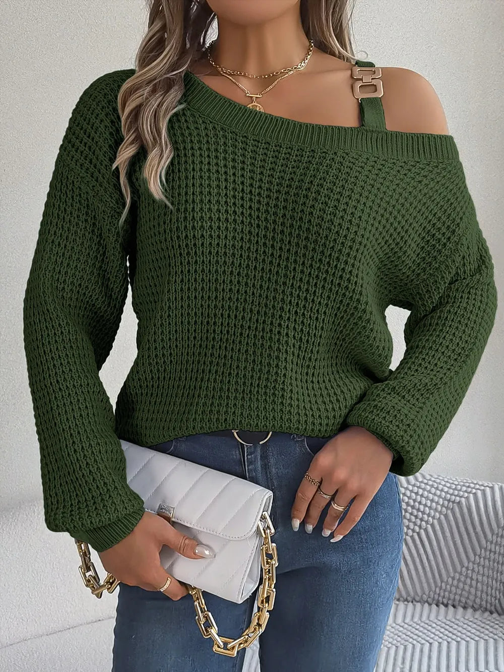 Emiely - Maglione elegante con scollo asimmetrico e maniche lunghe