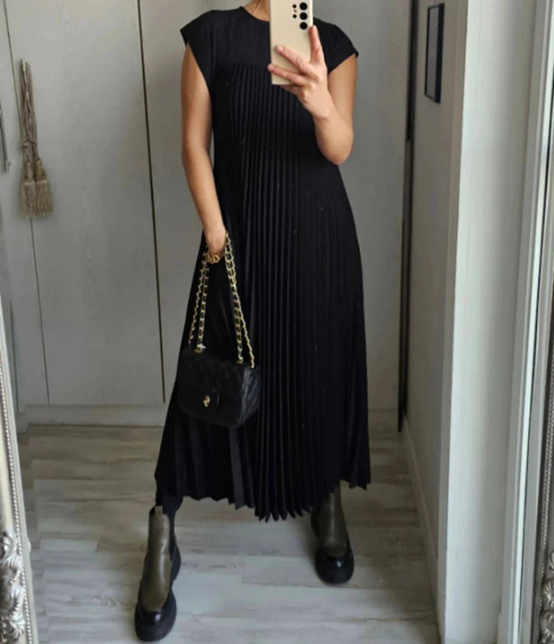 Laura - Vestito donna plissettato semplice a tinta unita