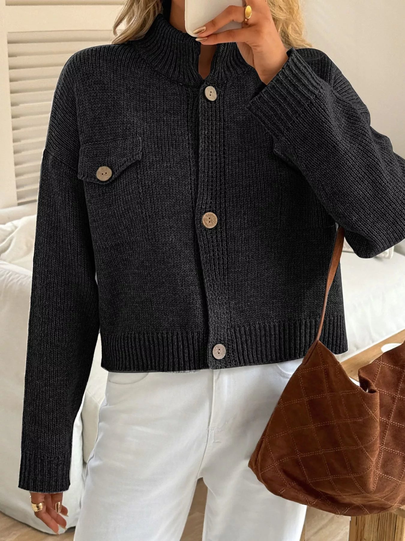 Vespera - Cardigan corto in maglia con bottoni caldo e accogliente