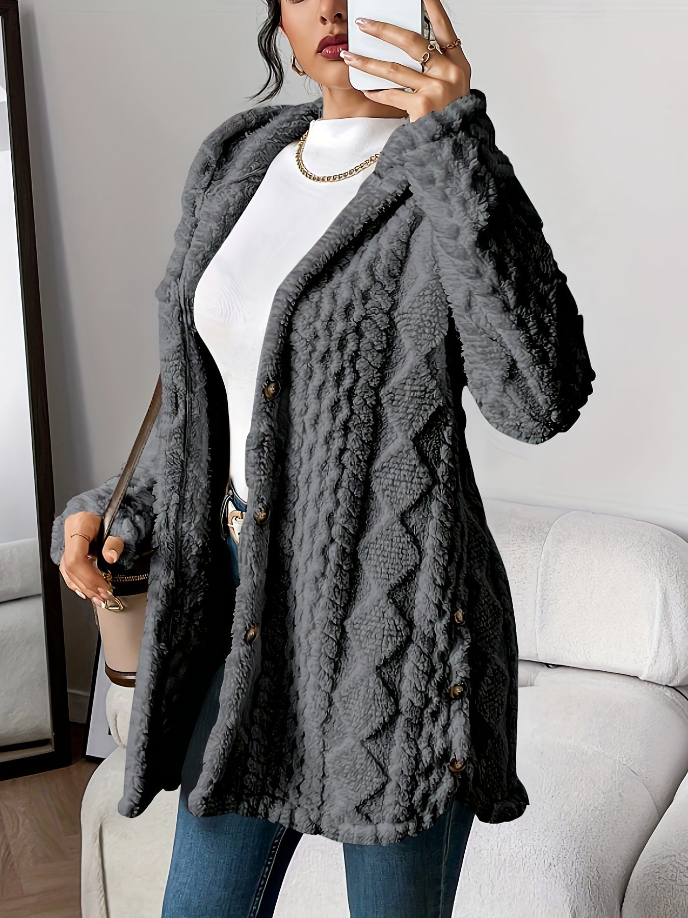 Avery - Cardigan Lungo Caldo in Peluche con Cappuccio