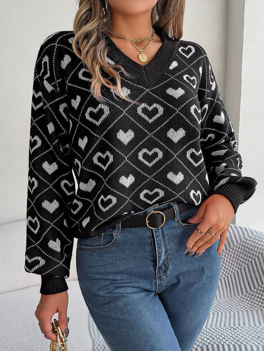 Brianne - Maglione chic con motivo a cuori e scollo a V