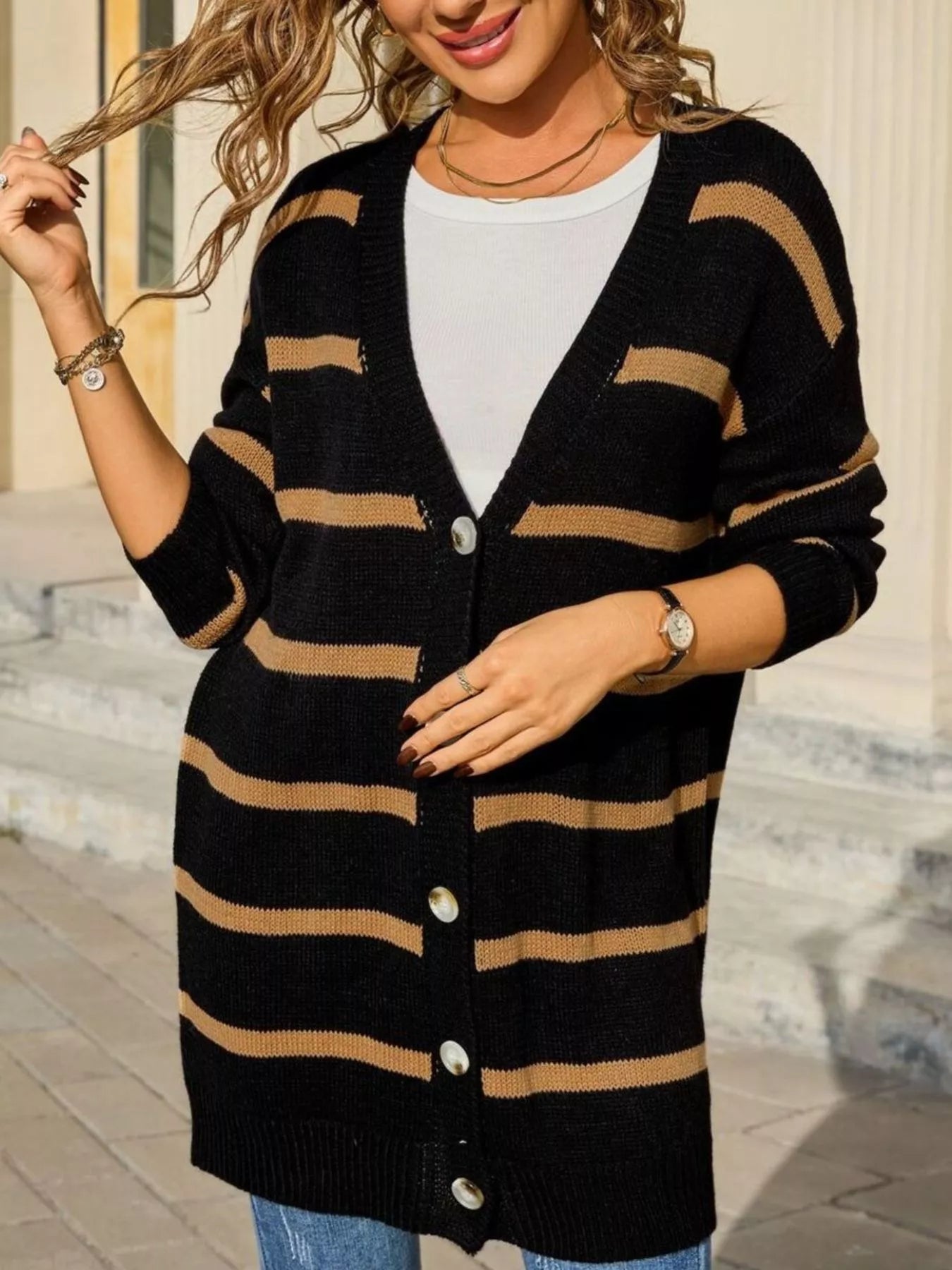 Oriana - Cardigan lungo a righe con bottoni