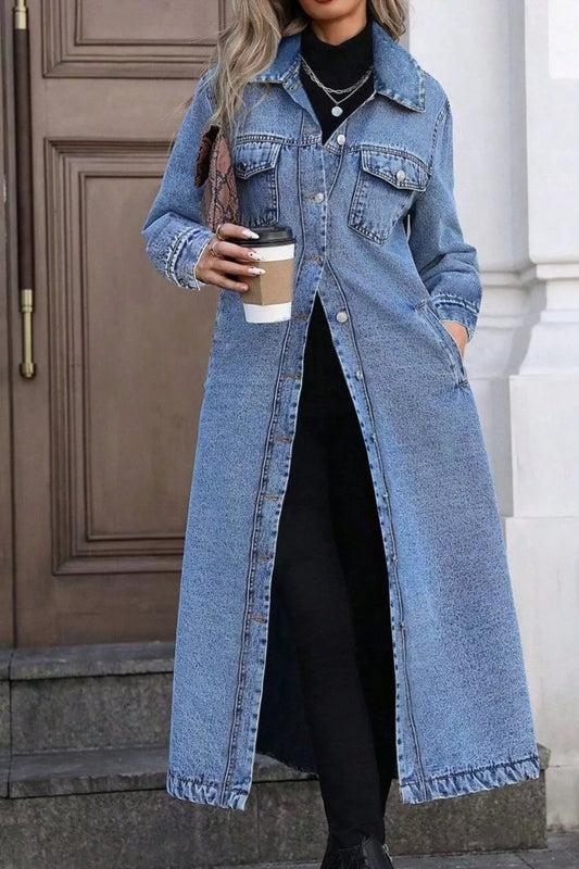 Giuliana - Giacca cappotto in denim lungo con bottoni alla moda
